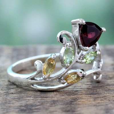 Multigemstone flower ring, 'Rosebud Glory' - Multigemstone Flower Ring Crafted with Sterling Silver