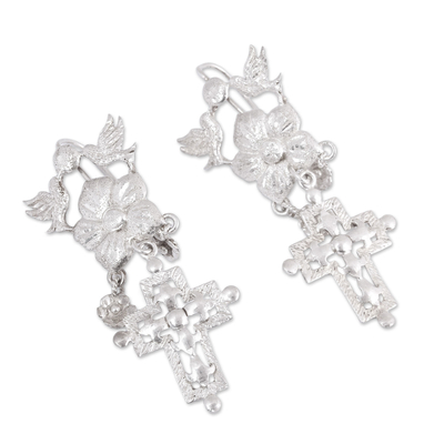 Sterling silver chandelier earrings, 'Faith and Nature' - Sterling Silver Dove Flower and Cross Chandelier Earrings