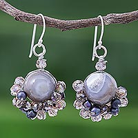 Agate and cultured pearl dangle earrings, 'Vivid Dream in Grey' - Grey Agate and Cultured Pearl Dangle Earrings