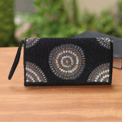 Circle Pattern Beaded Clutch in Black from Bali, 'Circle of Beauty in Black