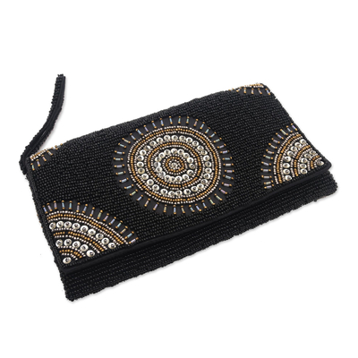 Beaded clutch, 'Circle of Beauty in Black' - Circle Pattern Beaded Clutch in Black from Bali