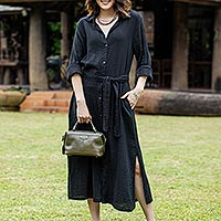 Cotton shirtwaist dress, 'Street Smarts in Black' - Black Belted Cotton Shirtwaist Dress from Thailand