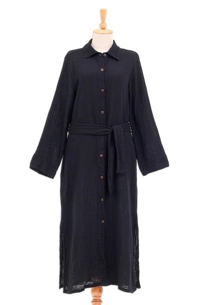 Cotton shirtwaist dress, 'Street Smarts in Black' - Black Belted Cotton Shirtwaist Dress from Thailand