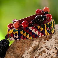 Leather and cotton wrap bracelet, 'Festive Guatemala' - Handmade Cotton and Leather Wrap Bracelet