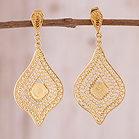 Gold plated sterling silver filigree dangle earrings, 'Hypnotic Gold'