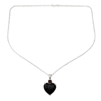 Onyx and garnet heart necklace, 'Goth Love' - Onyx and garnet heart necklace