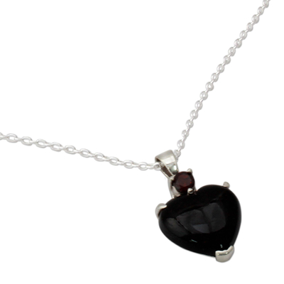 Onyx and garnet heart necklace, 'Goth Love' - Onyx and garnet heart necklace