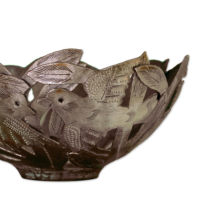 Recycled oil drum decorative bowl, 'Jungle Birds' - Handcrafted Bird Motif Oil Drum Steel Bowl