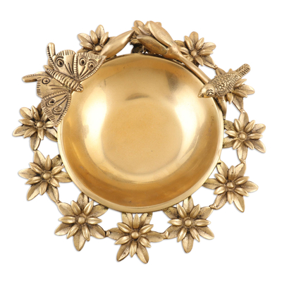 Decorative brass bowl, 'Floating Florals' - Decorative Brass Floral-Themed Urli Bowl