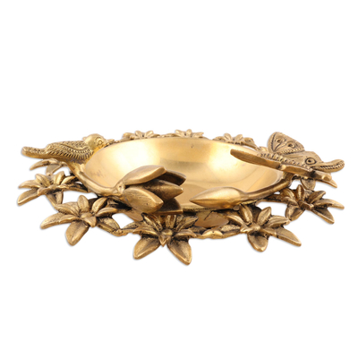 Decorative brass bowl, 'Floating Florals' - Decorative Brass Floral-Themed Urli Bowl