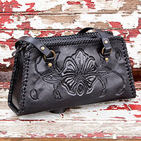 Leather handbag, 'Midnight Rose' - Handcrafted Floral Leather Shoulder Bag