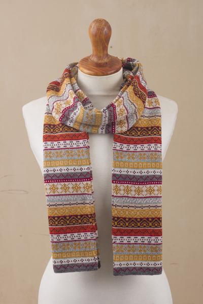 100% alpaca scarf, 'Inca Countryside' - Burnt Sienna and Pink and Grey 100% Alpaca Knit Scarf