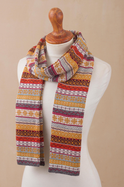 100% alpaca scarf, 'Inca Countryside' - Burnt Sienna and Pink and Grey 100% Alpaca Knit Scarf
