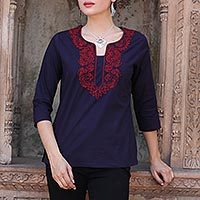 Cotton tunic, 'Indigo Grandeur' - Red Lotus Embroidery on Indigo Blue Cotton Tunic from India
