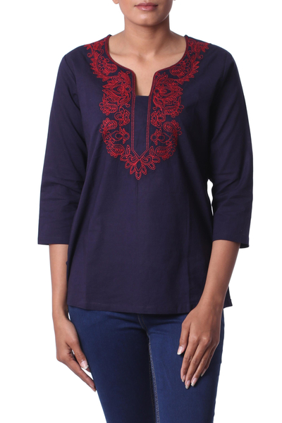 Cotton tunic, 'Indigo Grandeur' - Red Lotus Embroidery on Indigo Blue Cotton Tunic from India