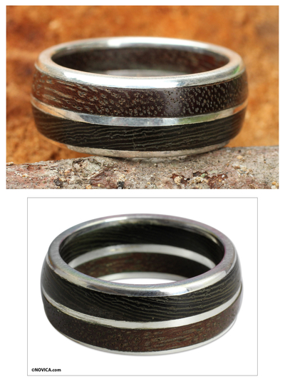 Men's Sterling silver and wood ring, 'Natural Guy' - Men's Wood Band Ring