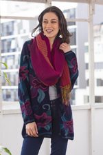 100% alpaca cardigan, 'Cusco Flowers in Blue' - Floral Intarsia Knit Cardigan Sweater in 100% Alpaca