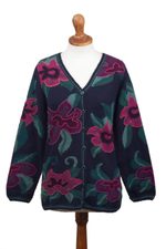 100% alpaca cardigan, 'Cusco Flowers in Blue' - Floral Intarsia Knit Cardigan Sweater in 100% Alpaca