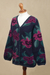 100% alpaca cardigan, 'Cusco Flowers in Blue' - Floral Intarsia Knit Cardigan Sweater in 100% Alpaca (image 2c) thumbail
