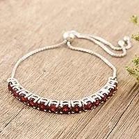 Rhodium-plated garnet pendant bracelet, 'Sunbathe in Red' - Rhodium-Plated Garnet Pendant Bracelet