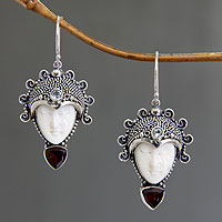 Garnet and blue topaz dangle earrings, 'Princess Aura' - Hand Crafted Bone and Garnet Earrings