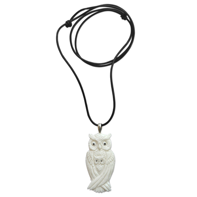 Bone and leather pendant necklace, 'White Owl Family' - Artisan Crafted Owl Family Pendant on Leather Cord Necklace