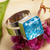 Dichroic art glass cocktail ring, 'Blue Sea' - Modern Blue Dichroic Art Glass and Sterling Silver Ring thumbail