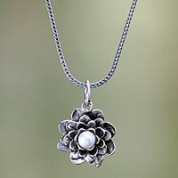 Pearl pendant necklace, 'Sacred White Lotus' - Sterling Silver and Pearl Pendant Necklace