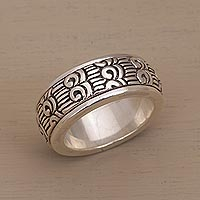 Sterling silver meditation spinner ring, 'Samsi Spin' - Unisex Sterling Silver Spinner Ring with Buddhist Motifs
