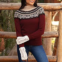suéter 100% alpaca, 'Mountain Snowflakes in Brick' - Suéter cuello alto 100% Alpaca
