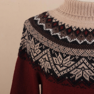 100% alpaca sweater, 'Mountain Snowflakes in Brick' - Turtleneck 100% Alpaca Sweater