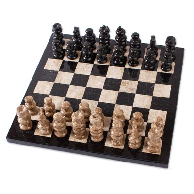 Marble chess set, 'Cafe Battle' - Brown and Black Marble Chess Set from Mexico