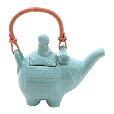 Ceramic teapot, 'Buddha and the Turquoise Elephant' - Handmade Blue Ceramic Teapot 