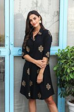Block-printed shirt dress, 'A Stitch in Time in Black' - Block-Printed Cotton Blend Shirt Dress
