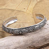 Sterling silver cuff bracelet, 'Silver Botanicals'
