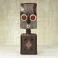 African wood sculpture, 'Ahomka Mask' - Ghanaian Sese Wood Mask Sculpture with Aluminum Plating