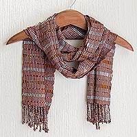 Bufanda de algodón, 'Solola Earth' - Bufanda de algodón tejida a mano naranja y marrón