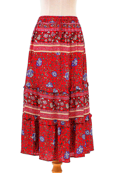 Falda de rayón, 'Poppy Garden' - Falda de rayón floral en amapola elaborada en Tailandia