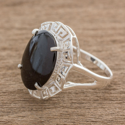 Jade cocktail ring, 'Ancestral Pride' - Sterling Silver and Black Jade Cocktail Ring from Guatemala