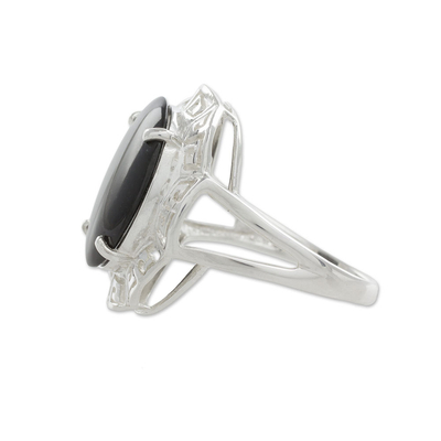 Jade cocktail ring, 'Ancestral Pride' - Sterling Silver and Black Jade Cocktail Ring from Guatemala