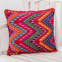 Cotton cushion cover, 'Scarlet Maya Mountains' - Handwoven Colorful Cotton Cushion Cover on Scarlet