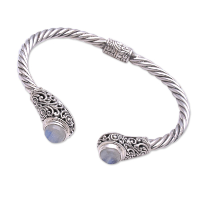 Rainbow moonstone cuff bracelet, 'Royal Pattern' - Spiral Pattern Rainbow Moonstone Cuff Bracelet from Bali