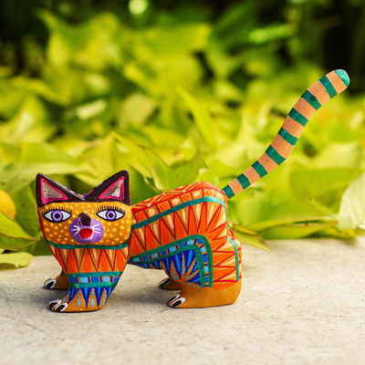 Wood alebrije figurine, 'Walking Festive Cat' - Multicolored Wood Alebrije Cat Figurine from Mexico
