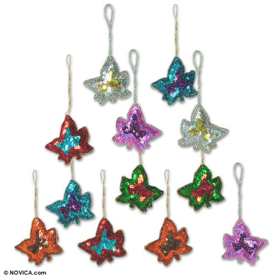 Beaded ornaments, 'Maple Leaves' (set of 12) - Beaded ornaments (Set of 12)