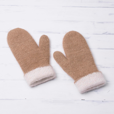 100% alpaca reversible mittens, 'Striking Contrast in Tan' - Knit 100% Alpaca Mittens in Tan and White from Peru