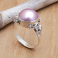 Cultured pearl cocktail ring, 'Jepun Joy' - Floral Pink Cultured Pearl Cocktail Ring from Bali