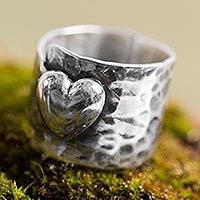 Sterling silver cocktail ring, 'Heartfelt Hug' - Heart Theme Handcrafted Andean Sterling Silver Ring