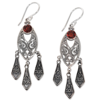 Garnet chandelier earrings, 'Balinese Wind Chime' - Handcrafted Garnet Chandelier Earrings in Sterling Silver