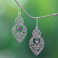 Amethyst dangle earrings, 'Majapahit Glory' - Amethyst and Sterling Silver Dangle Earrings from Bali