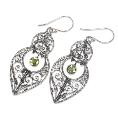 Peridot and sterling silver dangle earrings, 'Majapahit Glory' - Artisan Crafted Peridot on Sterling Silver Hook Earrings